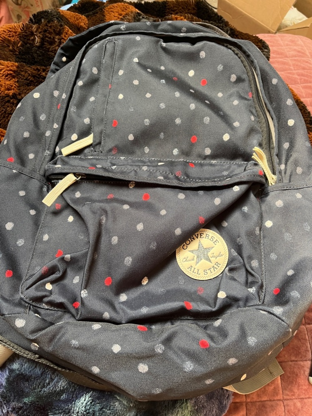 Converse Navy Backpack with Red and Light Gray Polka Dots